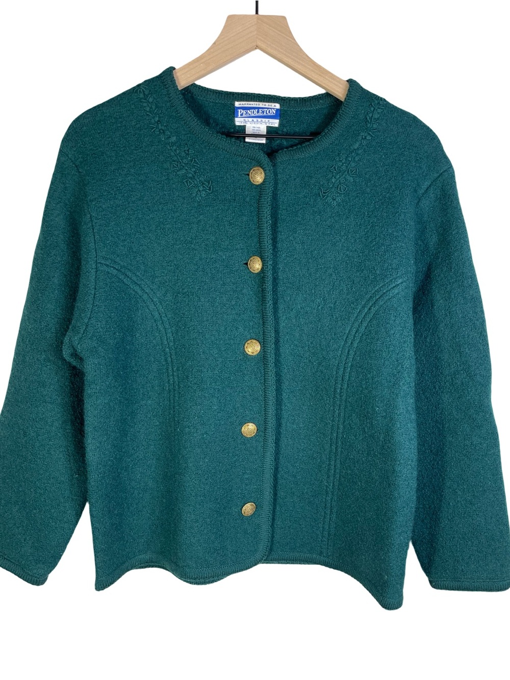 Pendleton Green Wool Embroidered Gold Button-Front Cardigan Sweater Size M